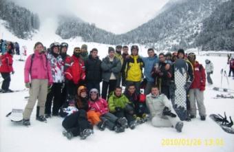 Students having fun on their ski holiday in Bansko.